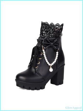 Gothic Platform Ankle Boots faux leather Lace-up Pearl Chain Bow Chunky Heel